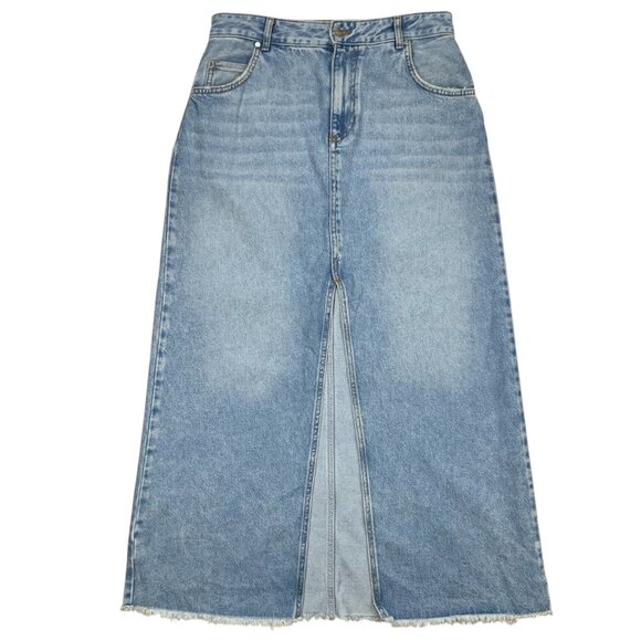 Anthropologie Pilcro The Madi Front-Slit Denim Skirt 12 Blue Frayed Maxi Western - Picture 1 of 11